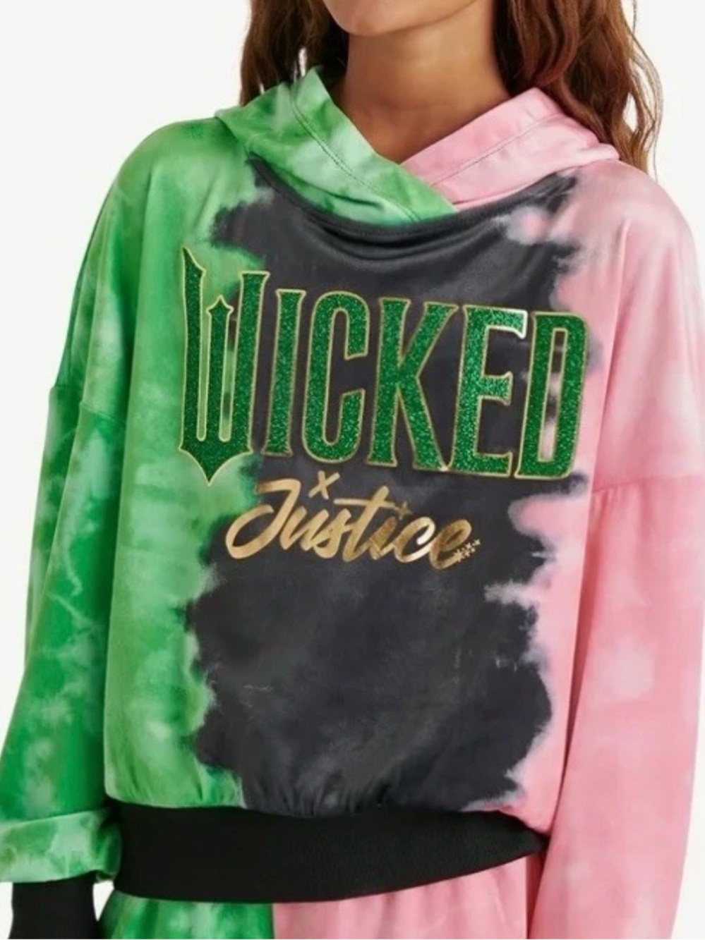 Justice Girls Tie-Dye 'Wicked' Hooded Sweatshirt in Pink, Green & Black